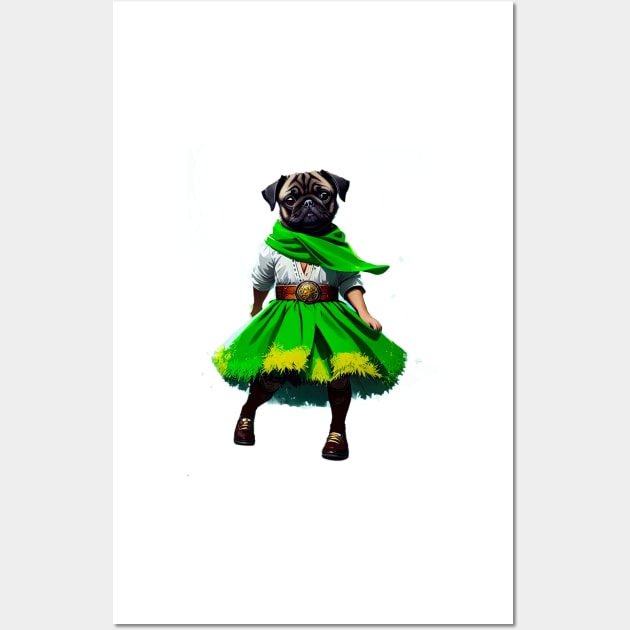 Cheerful Pug in Green Tracht Doing a Traditional Alpine Dance Wall Art by fur-niche